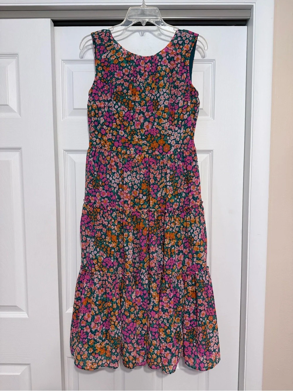 Brand New J. Crew Pink & Green Floral Tiered Midi Dress - Size XS